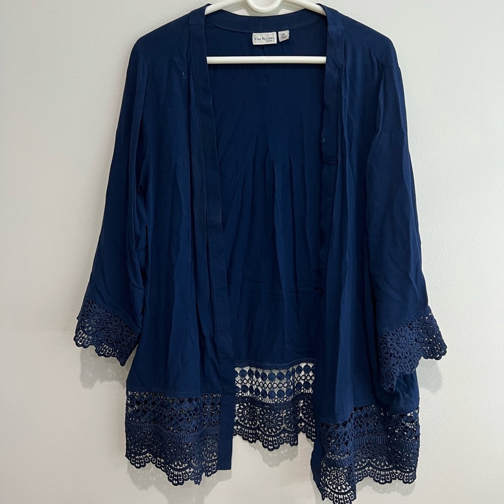 NWOT Kim Rogers Deep Blue Lace Trim Cardigan